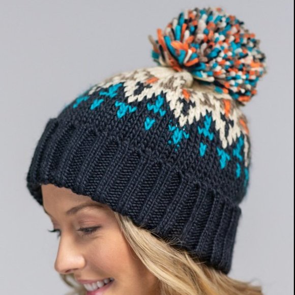 ๐ Blue / Cream Multicolor Knit Beanie w/ Cute Multicolor Pom-Pom ๐ - Picture 2 of 7